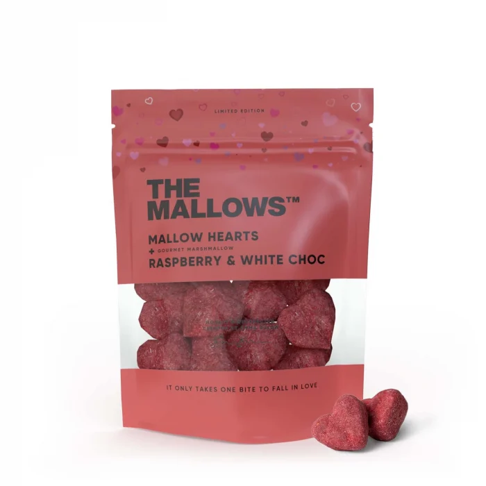 MALLOW HEARTS – SKUMFIDUSER MED HVID CHOKOLADE & HINDBÆR 90G