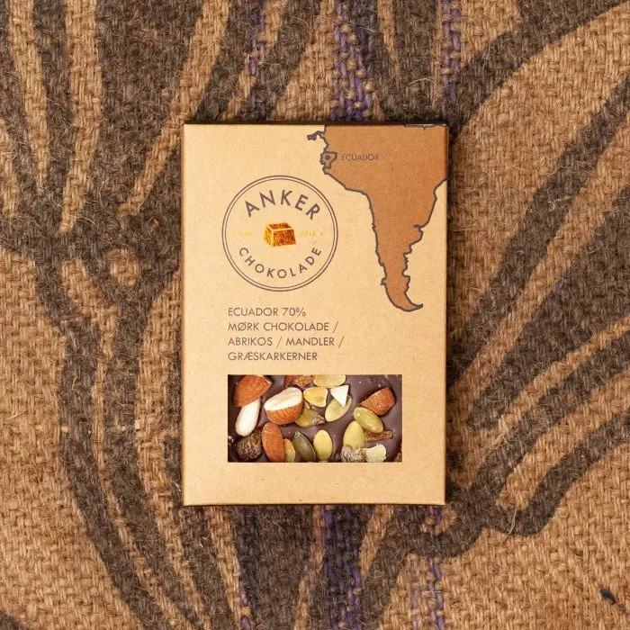 100GR PLADE - ECUADOR 70% MØRK CHOKOLADE / ABRIKOS / MANDLER / GRÆSKARKERNER